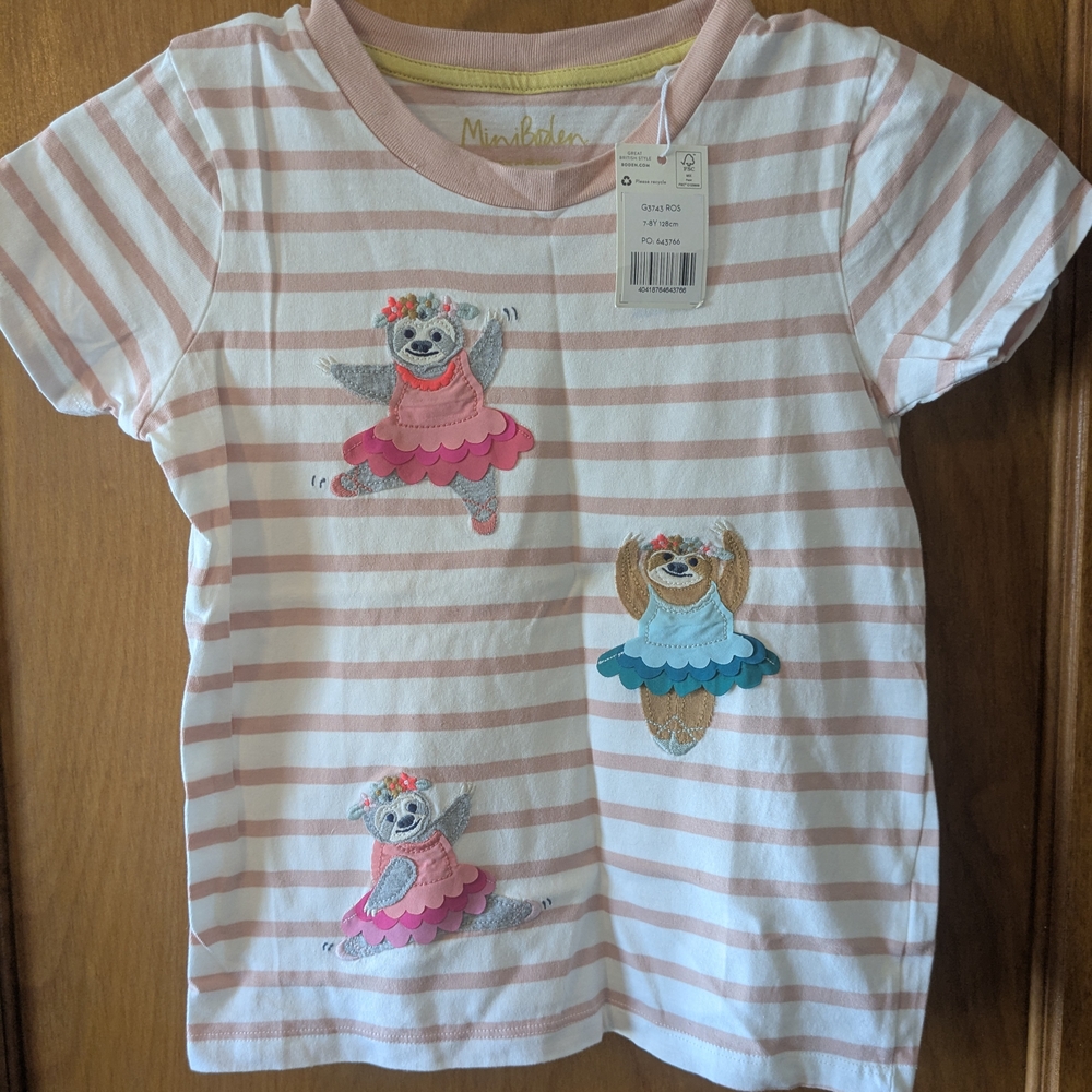 Mini Boden Pink and White Striped Tee with Ballerina Bears